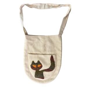 Adorable cat tote bag linen and cotton with front pocket handmade and beautiful!